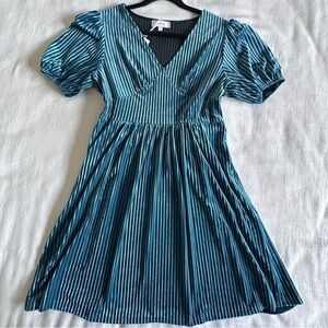 Velvet Babydoll Empire Waist Dress Womens L Blue Puff Sleeve V Neck Pleated NWT